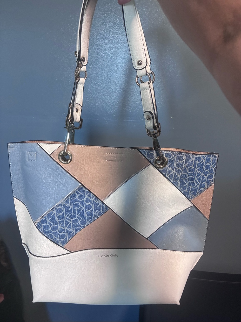Calvin Klein Patchwork Logo Tote in Blue, White & Tan - Picture 2 of 4